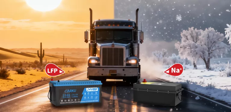 A truck starting in cold winter conditions, illustrating battery performance in low temperatures.